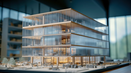 3d render of a model of a building with a glass facadeの素材