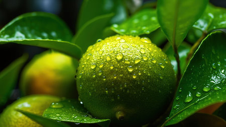 Closeup of green lemon with water drops on it after the rainの素材