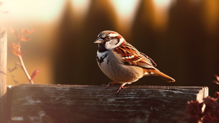 Sparrow sitting on a fence in the rays of the setting sunの素材