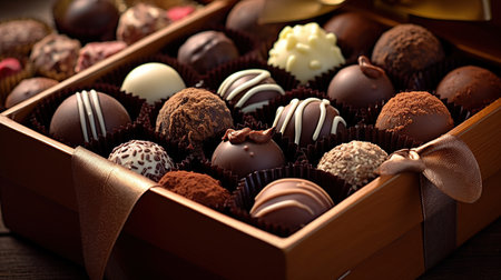 Box of assorted chocolate candies on wooden background. Toned.の素材