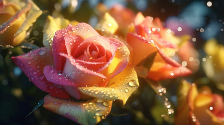 Beautiful colorful rose with dew drops on the petals close upの素材
