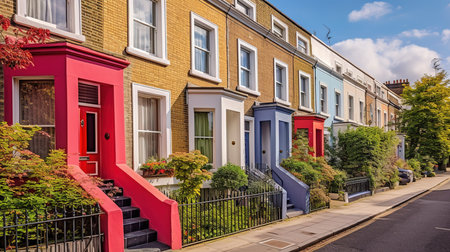 Row of colorful houses on a street in London, England, UKの素材