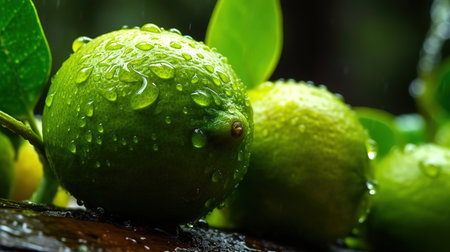 Lime fruit with water droplets on the leaves in the gardenの素材