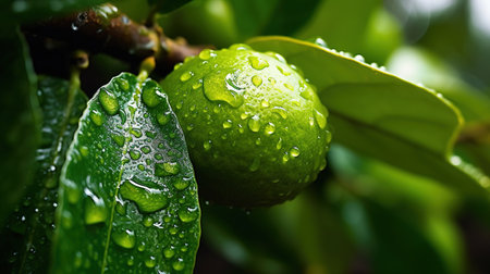Closeup of green guava fruit with water drops on its leavesの素材