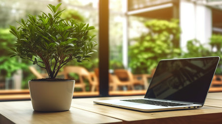 Laptop computer and plant on wooden table in coffee shop, stock photoの素材