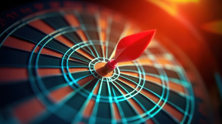 Dartboard with red dart arrow in center. 3d illustrationの素材