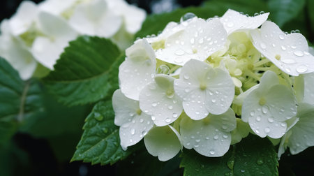 White hydrangea flowers with raindrops on the petalsの素材