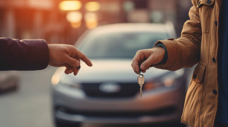 Real estate agent giving keys to customer after signing contract, car rental conceptの素材