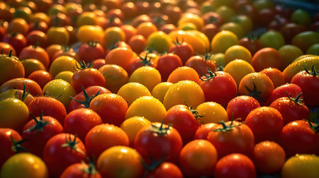 Red and yellow cherry tomatoes on a market stall. Selective focus.の素材