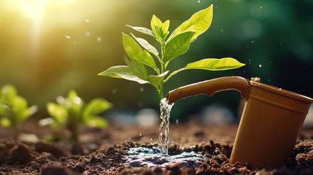 Watering can and green plant in the soil on blurred nature backgroundの素材