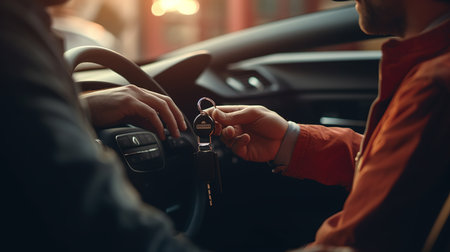 Close-up of male hands holding keys to new car. Handsome young man buying a car.の素材