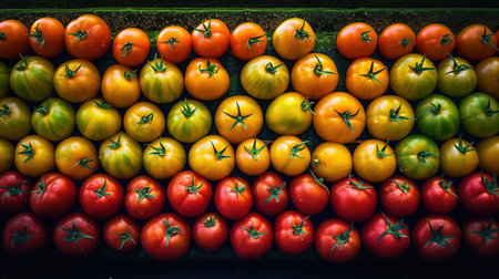 Colorful tomatoes on display at a farmers market in the city.の素材