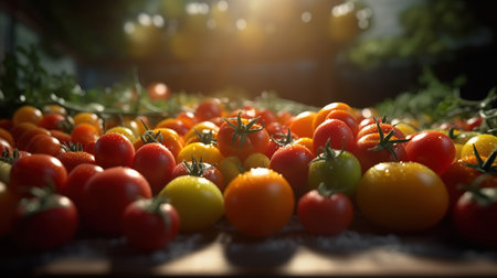Variety of colorful cherry tomatoes on the table. Selective focus.の素材