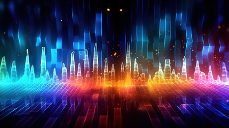 Futuristic technology wave background design with glowing lines and bokehの素材