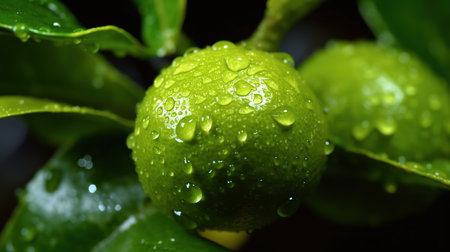 Lime with water droplets on the leaves. Macro shot.の素材