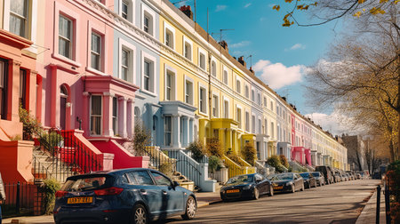 Row of colorful houses in Kensington Gardensの素材