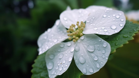 White flower with raindrops on the petals and green leaves.の素材