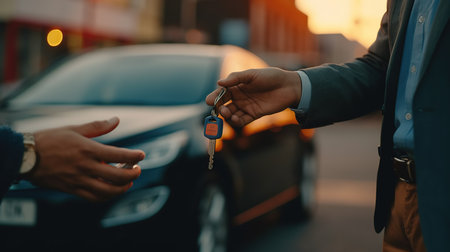 Real estate agent giving keys to young couple before buying a new carの素材