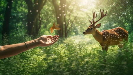Woman hand giving goldfish to a deer in the forest with sunlightの素材