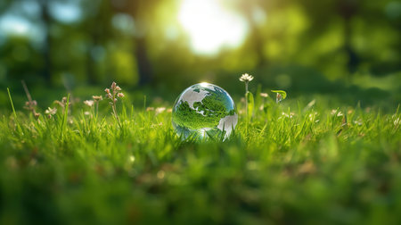 Globe in the grass with bokeh background, ecology conceptの素材
