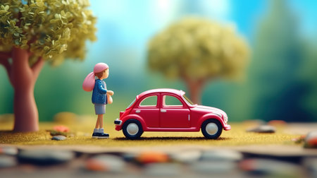 Miniature people: Traveler standing on the road with red carの素材