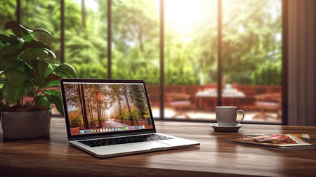 Laptop on wooden table with coffee cup and pictures. 3d rendering.の素材