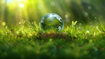 globe on green grass with bokeh background, save the earth conceptの素材