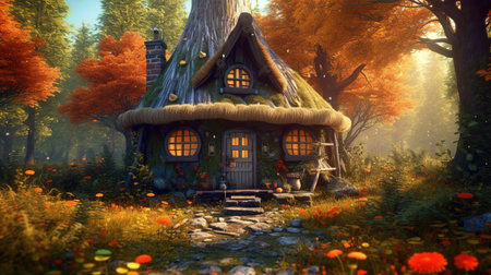 3d illustration of a fairy tale house in the forest at autumnの素材