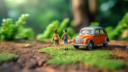 Miniature people : Couple standing on the ground with retro carの素材