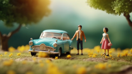 Miniature people with old car and yellow flower background. Concept of love and family.の素材