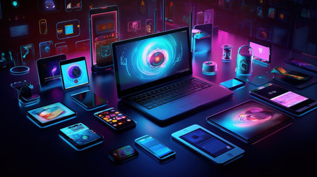 Laptop, smartphone, tablet and other electronic devices in neon lightの素材