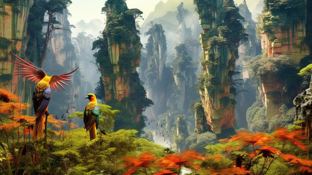 3d rendering of beautiful parrots flying in the jungle forest.の素材