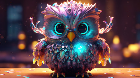 Cute owl on the background of the night city. 3d renderingの素材