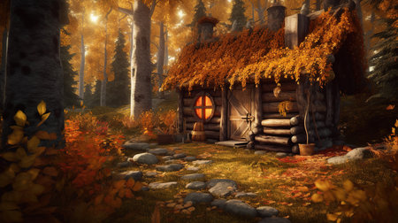 Wooden hut in the autumn forest. 3d render. Illustration.の素材