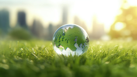 Glass globe on green grass and city background. Environment protection concept.の素材