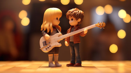Little boy and girl playing guitar in front of bokeh lightsの素材