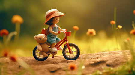 Miniature people: Little girl riding a bicycle on the meadowの素材