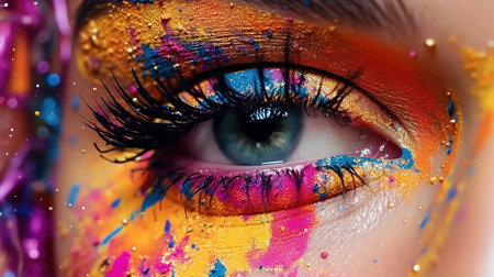 Close-up shot of beautiful female eye with multicolored makeupの素材
