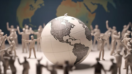 Global Business Concept. Group of People around Earth Globe. 3D Render.の素材