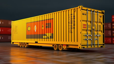 3D rendering of a freight container with containers in the background.の素材