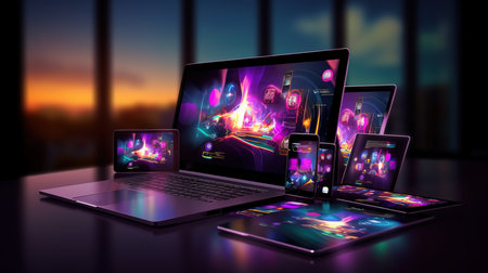 Laptop, smartphone and tablet pc in abstract background 3D renderingの素材