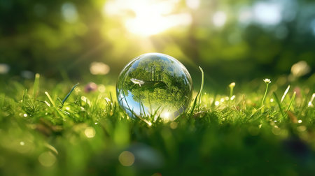 Glass globe on green grass with bokeh background. Environment concept.の素材