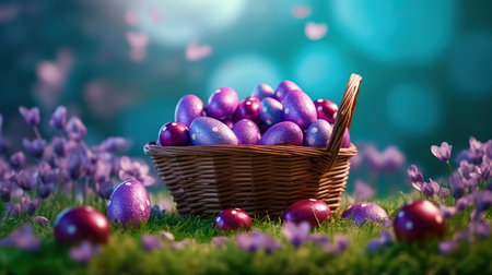 Easter eggs in a basket on green grass with purple crocus flowersの素材