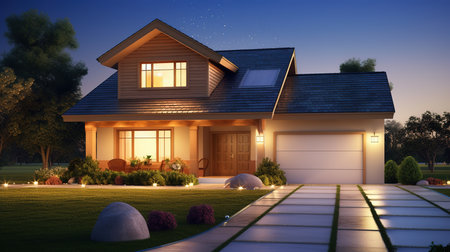 3d rendering of modern cozy chalet with garage for sale or rent. Clear summer night with stars on the sky.の素材