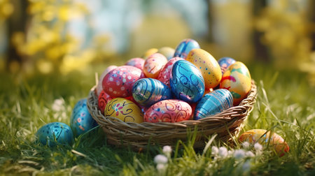 Colorful easter eggs in a basket on the green grass.の素材