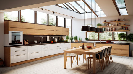 3d Illustration of white modern kitchen in a loft with a beautiful designの素材