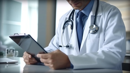 Doctor using tablet computer in the office. Medical and healthcare concept.の素材