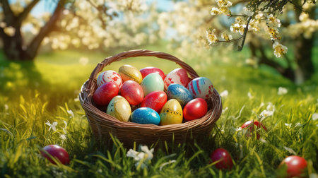 Easter eggs in basket on green grass in spring blooming gardenの素材