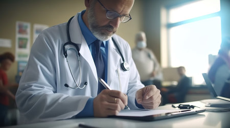Senior male doctor writing prescription at desk in hospital office. Medical and healthcare concept.の素材