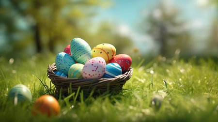 Colorful easter eggs in basket on green grass with bokeh backgroundの素材